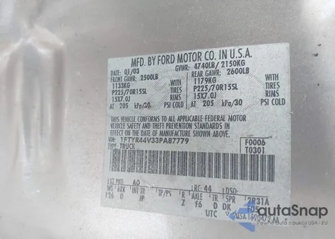 2003 Ford Ranger Edge/Tremor/Xlt z USA, uszkodzony, nr VIN 1FTYR44V33PA87779